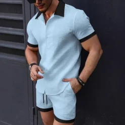 New OUKU Men's T-shirt Suits 2 Pieces Outfits Tee & Shorts Short Sleeve Lapel Summer Plain Fashion Casual Patchwork 2 Piece Jacquard Vacation Daily Wear Going out Black White Pink Top Tee for Men