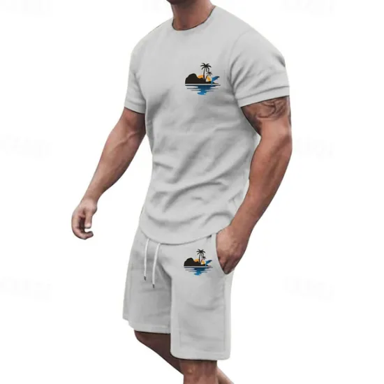 Online OUKU Men's T-shirt Suits 2 Pieces Outfits Tee & Shorts Short Sleeve Crew Neck Summer Coconut Tree Fashion Casual 2 Piece Vacation Daily Wear Going out Black White Yellow Top Tee for Men
