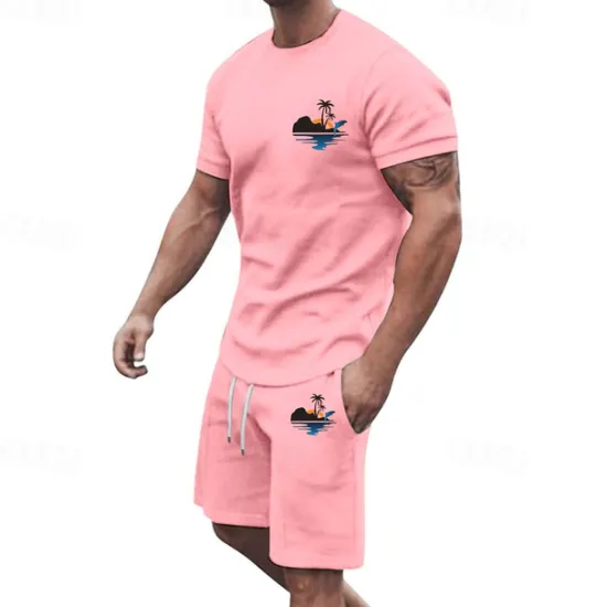 Online OUKU Men's T-shirt Suits 2 Pieces Outfits Tee & Shorts Short Sleeve Crew Neck Summer Coconut Tree Fashion Casual 2 Piece Vacation Daily Wear Going out Black White Yellow Top Tee for Men