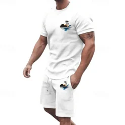 Online OUKU Men's T-shirt Suits 2 Pieces Outfits Tee & Shorts Short Sleeve Crew Neck Summer Coconut Tree Fashion Casual 2 Piece Vacation Daily Wear Going out Black White Yellow Top Tee for Men