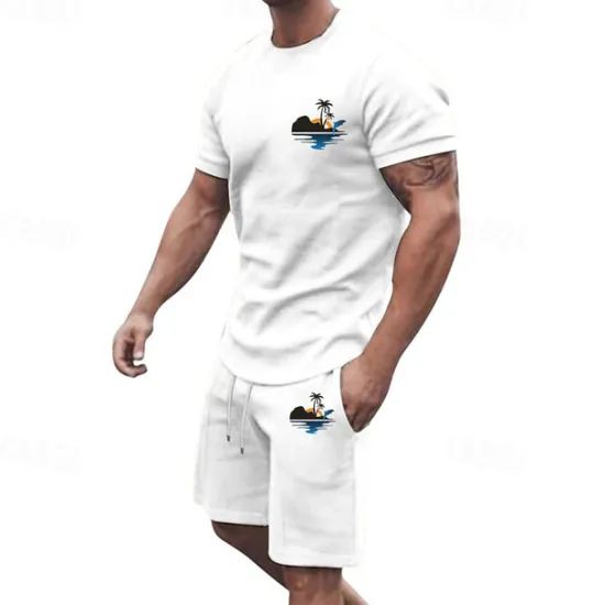 Online OUKU Men's T-shirt Suits 2 Pieces Outfits Tee & Shorts Short Sleeve Crew Neck Summer Coconut Tree Fashion Casual 2 Piece Vacation Daily Wear Going out Black White Yellow Top Tee for Men