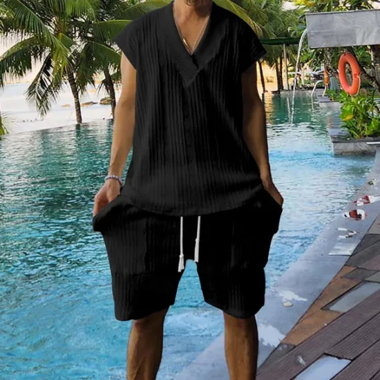 Outlet OUKU Men's T-shirt Suits 2 Pieces Outfits Tee & Shorts Short Sleeve V Neck Summer Plain Fashion Casual 2 Piece Vacation Daily Wear Going out Black White Navy Blue Top Tee for Men