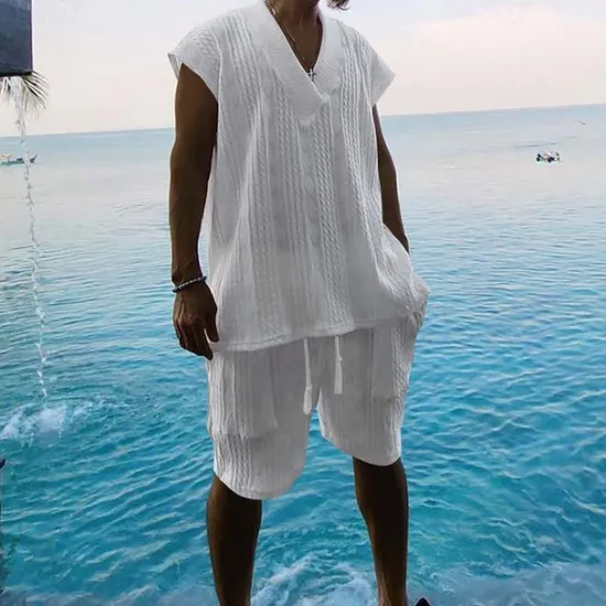 Outlet OUKU Men's T-shirt Suits 2 Pieces Outfits Tee & Shorts Short Sleeve V Neck Summer Plain Fashion Casual 2 Piece Vacation Daily Wear Going out Black White Navy Blue Top Tee for Men