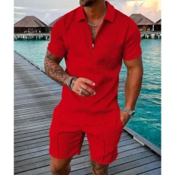 Outlet OUKU Men's T-shirt Suits Golf Polos Shirts Street Casual Turndown Quarter Zip Short Sleeve Modern Casual Waves Curve 3D Print Summer Regular Fit Green / Black Black Yellow Pink Red Navy Blue T-shirt Suits