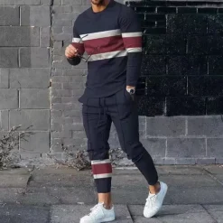Sale OUKU Men's T-shirt Suits Pants Sets 2 Pieces Outfits Long Sleeve Crewneck Summer Color Block Fashion Casual 2 Piece Vacation Daily Wear Going out Black Green Navy Blue Top Tee for Men