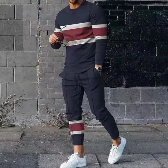 Sale OUKU Men's T-shirt Suits Pants Sets 2 Pieces Outfits Long Sleeve Crewneck Summer Color Block Fashion Casual 2 Piece Vacation Daily Wear Going out Black Green Navy Blue Top Tee for Men