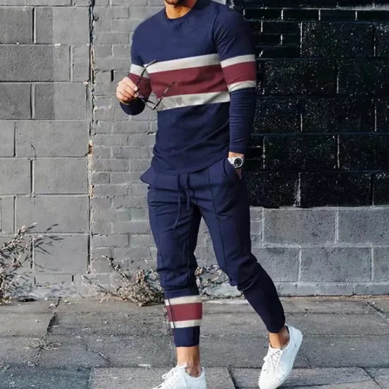 Sale OUKU Men's T-shirt Suits Pants Sets 2 Pieces Outfits Long Sleeve Crewneck Summer Color Block Fashion Casual 2 Piece Vacation Daily Wear Going out Black Green Navy Blue Top Tee for Men