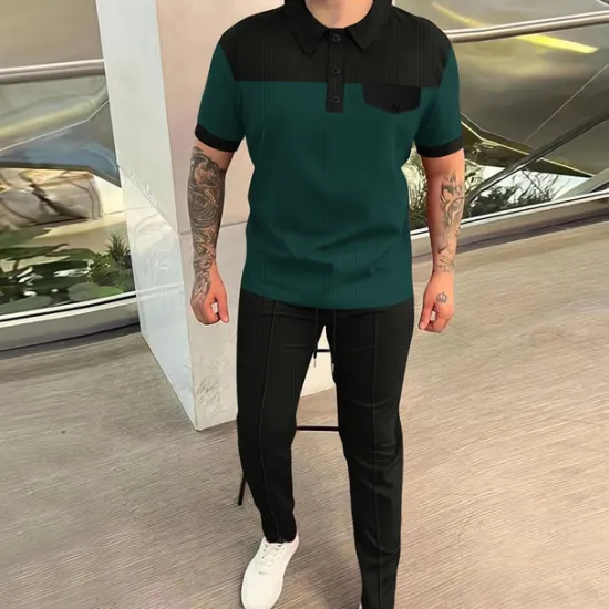 Discount OUKU Men's T-shirt Suits Pants Sets 2 Pieces Outfits Short Sleeve Lapel Summer Spring Color Block Fashion Casual 2 Piece Vacation Daily Wear Going out Wine Green khaki Top Tee for Men