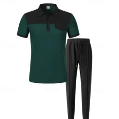 Discount OUKU Men's T-shirt Suits Pants Sets 2 Pieces Outfits Short Sleeve Lapel Summer Spring Color Block Fashion Casual 2 Piece Vacation Daily Wear Going out Wine Green khaki Top Tee for Men