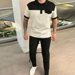 Discount OUKU Men's T-shirt Suits Pants Sets 2 Pieces Outfits Short Sleeve Lapel Summer Spring Color Block Fashion Casual 2 Piece Vacation Daily Wear Going out Wine Green khaki Top Tee for Men