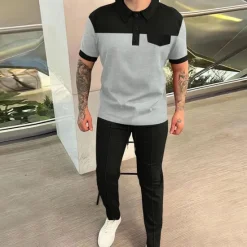 Discount OUKU Men's T-shirt Suits Pants Sets 2 Pieces Outfits Short Sleeve Lapel Summer Spring Color Block Fashion Casual 2 Piece Vacation Daily Wear Going out Wine Green khaki Top Tee for Men