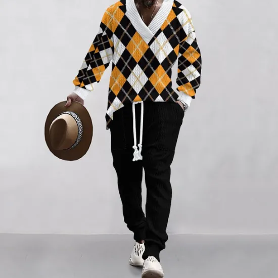 Sale OUKU Men's T-shirt Suits Pants Sets 2 Pieces Outfits Full Body V Neck Spring & Fall Geometric Fashion Casual 2 Piece Vacation Daily Wear Going out Black White Top Tee for Men