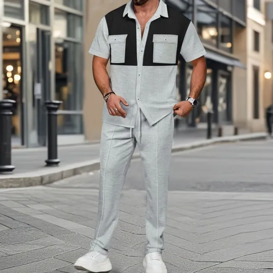 New OUKU Men's T-shirt Suits Pants Sets 2 Pieces Outfits Short Sleeve Shirt Collar Summer Color Block Fashion Casual 2 Piece Vacation Daily Wear Going out Black Wine Dark Green Top Tee for Men