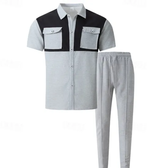 New OUKU Men's T-shirt Suits Pants Sets 2 Pieces Outfits Short Sleeve Shirt Collar Summer Color Block Fashion Casual 2 Piece Vacation Daily Wear Going out Black Wine Dark Green Top Tee for Men