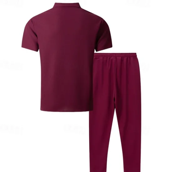 New OUKU Men's T-shirt Suits Pants Sets 2 Pieces Outfits Short Sleeve Shirt Collar Summer Color Block Fashion Casual 2 Piece Vacation Daily Wear Going out Black Wine Dark Green Top Tee for Men