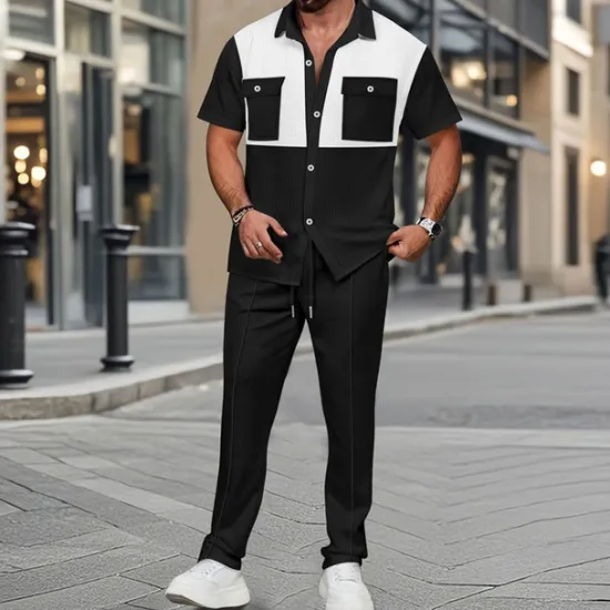 New OUKU Men's T-shirt Suits Pants Sets 2 Pieces Outfits Short Sleeve Shirt Collar Summer Color Block Fashion Casual 2 Piece Vacation Daily Wear Going out Black Wine Dark Green Top Tee for Men