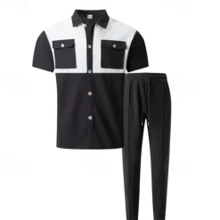 New OUKU Men's T-shirt Suits Pants Sets 2 Pieces Outfits Short Sleeve Shirt Collar Summer Color Block Fashion Casual 2 Piece Vacation Daily Wear Going out Black Wine Dark Green Top Tee for Men