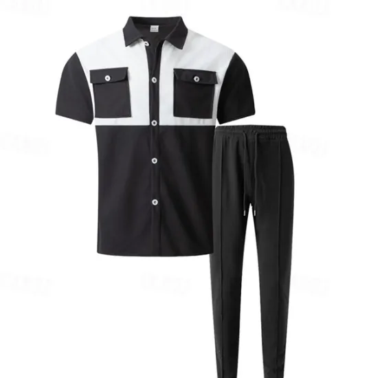 New OUKU Men's T-shirt Suits Pants Sets 2 Pieces Outfits Short Sleeve Shirt Collar Summer Color Block Fashion Casual 2 Piece Vacation Daily Wear Going out Black Wine Dark Green Top Tee for Men