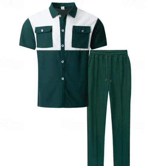 New OUKU Men's T-shirt Suits Pants Sets 2 Pieces Outfits Short Sleeve Shirt Collar Summer Color Block Fashion Casual 2 Piece Vacation Daily Wear Going out Black Wine Dark Green Top Tee for Men