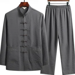 OUKU Men's T-shirt Suits Shirt and Pant Sets 2 Pieces Outfits Long Sleeve Standing Collar Spring & Fall Plain Fashion Chinese Style Casual 2 Piece Vacation Daily Wear Going out Black White Navy Blue Top
