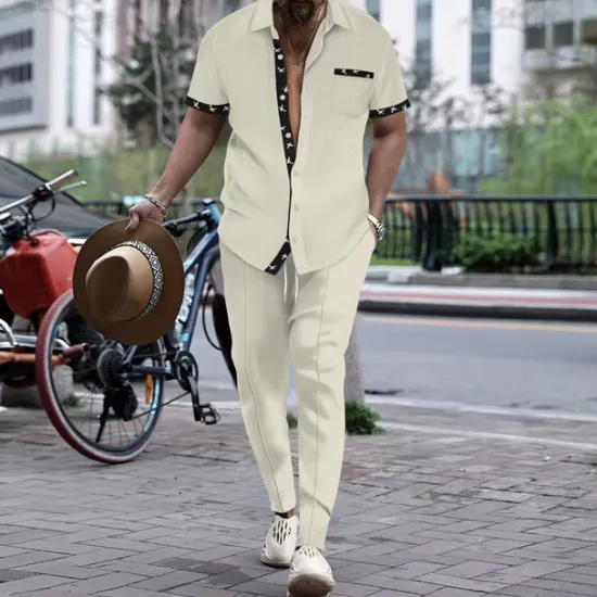 Hot OUKU Men's T-shirt Suits Shirt and Pant Sets 2 Pieces Outfits Short Sleeve Lapel Summer Color Block Fashion Casual 2 Piece Vacation Daily Wear Going out Black White Wine Top Tee for Men