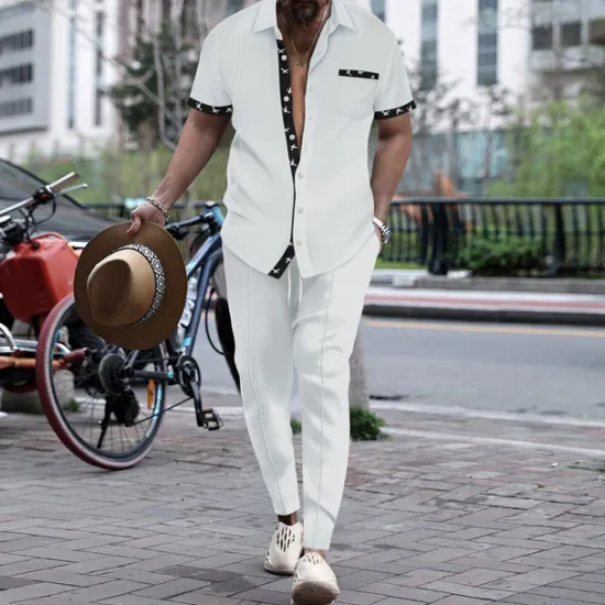 Hot OUKU Men's T-shirt Suits Shirt and Pant Sets 2 Pieces Outfits Short Sleeve Lapel Summer Color Block Fashion Casual 2 Piece Vacation Daily Wear Going out Black White Wine Top Tee for Men