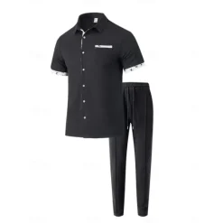 Hot OUKU Men's T-shirt Suits Shirt and Pant Sets 2 Pieces Outfits Short Sleeve Lapel Summer Color Block Fashion Casual 2 Piece Vacation Daily Wear Going out Black White Wine Top Tee for Men