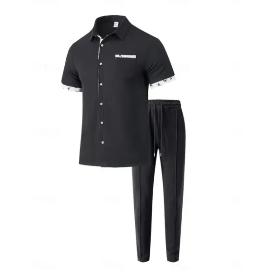Hot OUKU Men's T-shirt Suits Shirt and Pant Sets 2 Pieces Outfits Short Sleeve Lapel Summer Color Block Fashion Casual 2 Piece Vacation Daily Wear Going out Black White Wine Top Tee for Men