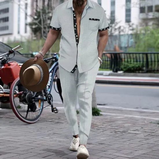 Hot OUKU Men's T-shirt Suits Shirt and Pant Sets 2 Pieces Outfits Short Sleeve Lapel Summer Color Block Fashion Casual 2 Piece Vacation Daily Wear Going out Black White Wine Top Tee for Men