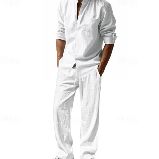 OUKU Men's T-shirt Suits Shirt and Pant Sets 2 Pieces Outfits Long Sleeve Stand Collar Summer Spring Plain Fashion Casual 2 Piece Vacation Daily Wear Going out Black White Blue Top Tee for Men