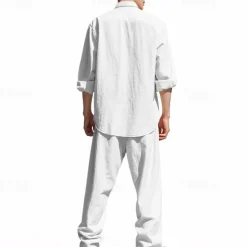 OUKU Men's T-shirt Suits Shirt and Pant Sets 2 Pieces Outfits Long Sleeve Stand Collar Summer Spring Plain Fashion Casual 2 Piece Vacation Daily Wear Going out Black White Blue Top Tee for Men