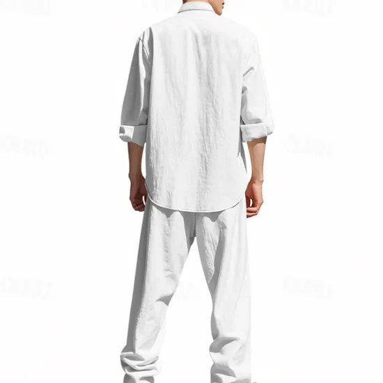 OUKU Men's T-shirt Suits Shirt and Pant Sets 2 Pieces Outfits Long Sleeve Stand Collar Summer Spring Plain Fashion Casual 2 Piece Vacation Daily Wear Going out Black White Blue Top Tee for Men