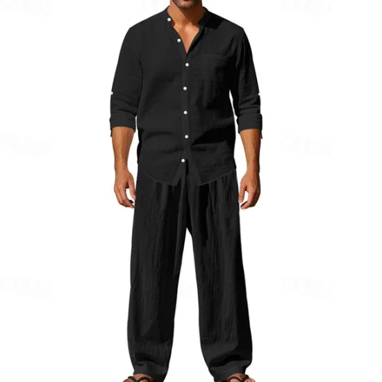 OUKU Men's T-shirt Suits Shirt and Pant Sets 2 Pieces Outfits Long Sleeve Stand Collar Summer Spring Plain Fashion Casual 2 Piece Vacation Daily Wear Going out Black White Blue Top Tee for Men