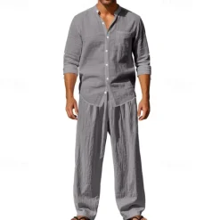 OUKU Men's T-shirt Suits Shirt and Pant Sets 2 Pieces Outfits Long Sleeve Stand Collar Summer Spring Plain Fashion Casual 2 Piece Vacation Daily Wear Going out Black White Blue Top Tee for Men