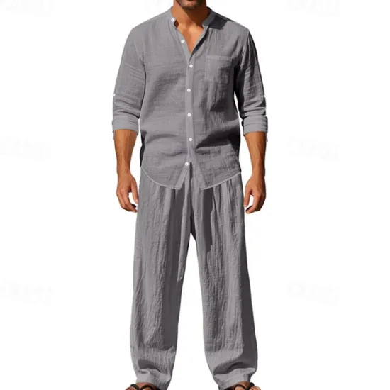OUKU Men's T-shirt Suits Shirt and Pant Sets 2 Pieces Outfits Long Sleeve Stand Collar Summer Spring Plain Fashion Casual 2 Piece Vacation Daily Wear Going out Black White Blue Top Tee for Men