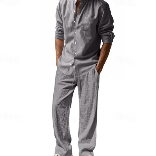 OUKU Men's T-shirt Suits Shirt and Pant Sets 2 Pieces Outfits Long Sleeve Stand Collar Summer Spring Plain Fashion Casual 2 Piece Vacation Daily Wear Going out Black White Blue Top Tee for Men