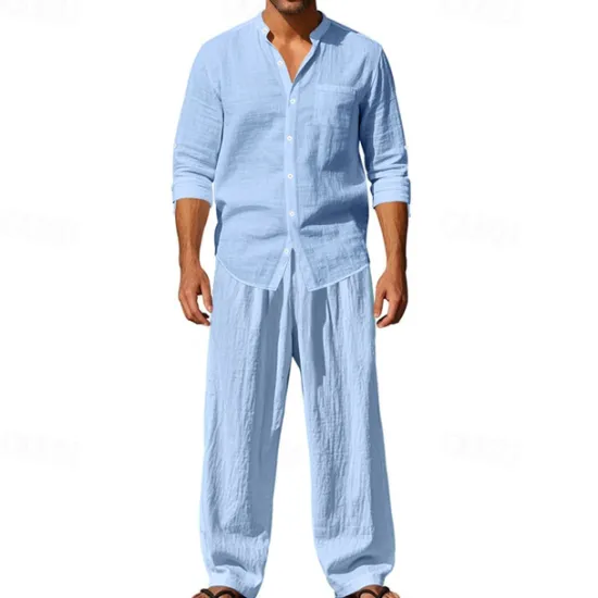OUKU Men's T-shirt Suits Shirt and Pant Sets 2 Pieces Outfits Long Sleeve Stand Collar Summer Spring Plain Fashion Casual 2 Piece Vacation Daily Wear Going out Black White Blue Top Tee for Men