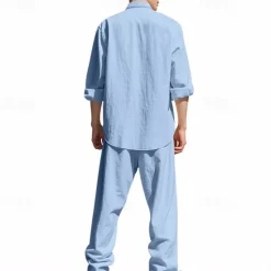 OUKU Men's T-shirt Suits Shirt and Pant Sets 2 Pieces Outfits Long Sleeve Stand Collar Summer Spring Plain Fashion Casual 2 Piece Vacation Daily Wear Going out Black White Blue Top Tee for Men
