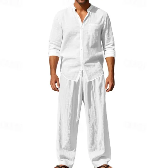 OUKU Men's T-shirt Suits Shirt and Pant Sets 2 Pieces Outfits Long Sleeve Stand Collar Summer Spring Plain Fashion Casual 2 Piece Vacation Daily Wear Going out Black White Blue Top Tee for Men