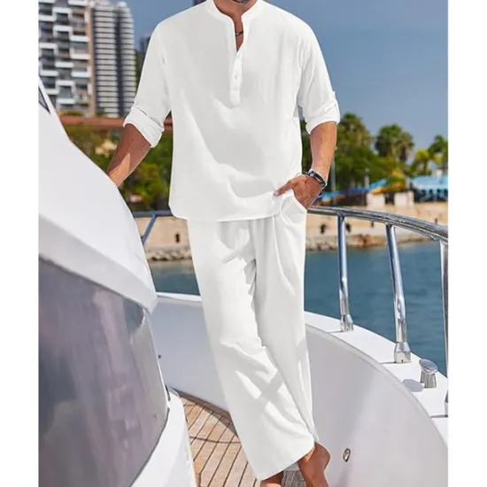 Hot OUKU Men's T-shirt Suits Shirt and Pant Sets 2 Pieces Outfits Full Body Henley Spring & Summer Plain Fashion Casual 2 Piece Vacation Daily Wear Going out Black White Blue Top Tee for Men
