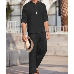Hot OUKU Men's T-shirt Suits Shirt and Pant Sets 2 Pieces Outfits Full Body Henley Spring & Summer Plain Fashion Casual 2 Piece Vacation Daily Wear Going out Black White Blue Top Tee for Men