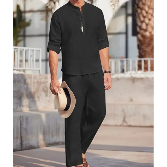 Hot OUKU Men's T-shirt Suits Shirt and Pant Sets 2 Pieces Outfits Full Body Henley Spring & Summer Plain Fashion Casual 2 Piece Vacation Daily Wear Going out Black White Blue Top Tee for Men