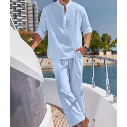 Hot OUKU Men's T-shirt Suits Shirt and Pant Sets 2 Pieces Outfits Full Body Henley Spring & Summer Plain Fashion Casual 2 Piece Vacation Daily Wear Going out Black White Blue Top Tee for Men