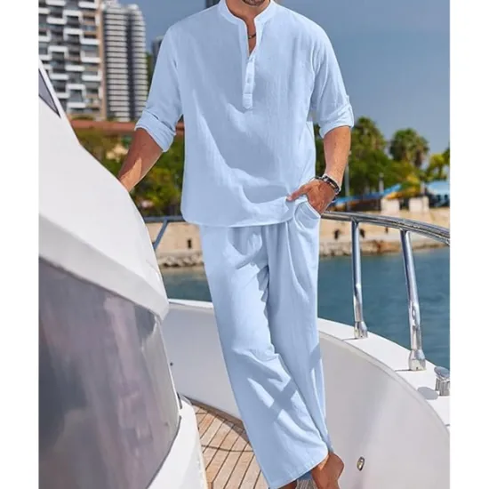 Hot OUKU Men's T-shirt Suits Shirt and Pant Sets 2 Pieces Outfits Full Body Henley Spring & Summer Plain Fashion Casual 2 Piece Vacation Daily Wear Going out Black White Blue Top Tee for Men