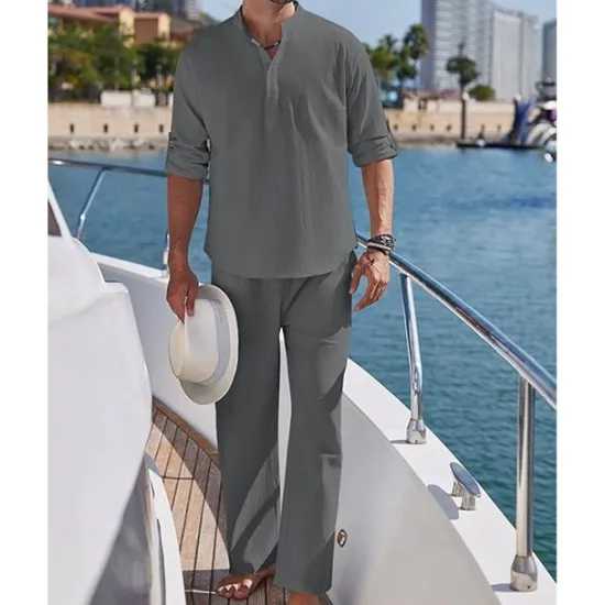 Hot OUKU Men's T-shirt Suits Shirt and Pant Sets 2 Pieces Outfits Full Body Henley Spring & Summer Plain Fashion Casual 2 Piece Vacation Daily Wear Going out Black White Blue Top Tee for Men