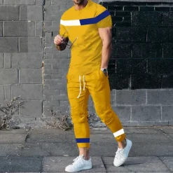 Discount OUKU Men's T-shirt Suits Shirt and Pant Sets 2 Pieces Outfits Short Sleeve Crewneck Summer Color Block Fashion Casual 2 Piece Vacation Daily Wear Going out Black White Yellow Top Tee for Men