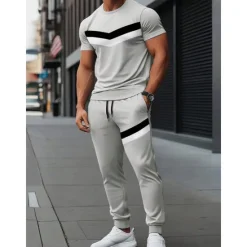 Sale OUKU Men's T-shirt Suits Shirt and Pant Sets 2 Pieces Outfits Short Sleeve Crewneck Summer Color Block Stripes Fashion Casual 2 Piece Vacation Daily Wear Going out Black Gray Top Tee for Men