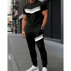 Sale OUKU Men's T-shirt Suits Shirt and Pant Sets 2 Pieces Outfits Short Sleeve Crewneck Summer Color Block Stripes Fashion Casual 2 Piece Vacation Daily Wear Going out Black Gray Top Tee for Men