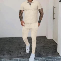 Sale OUKU Men's T-shirt Suits Shirt and Pant Sets 2 Pieces Outfits Short Sleeve Quarter Zip Summer Plain Fashion Casual 2 Piece Vacation Daily Wear Going out Black White Royal Blue Top Tee for Men