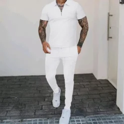 Sale OUKU Men's T-shirt Suits Shirt and Pant Sets 2 Pieces Outfits Short Sleeve Quarter Zip Summer Plain Fashion Casual 2 Piece Vacation Daily Wear Going out Black White Royal Blue Top Tee for Men